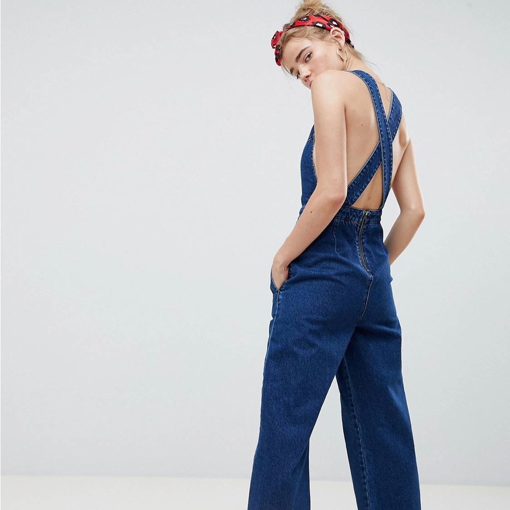 ASOS DESIGN denim cross-back jumpsuit dark denim 2 pockets wide leg size UK 12